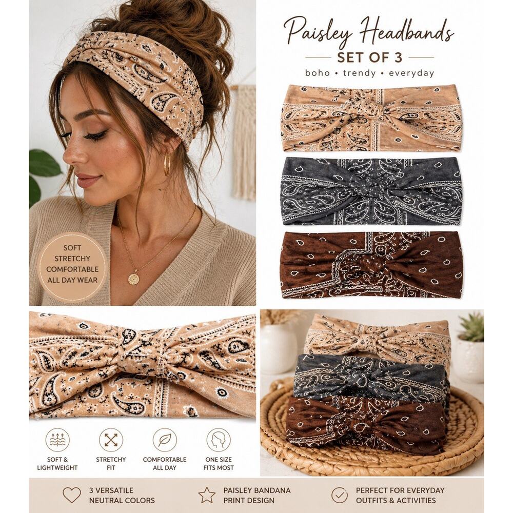 Paisley Headbands Set 3 Neutral Boho Stretch Beige Gray Brown Cottage Core